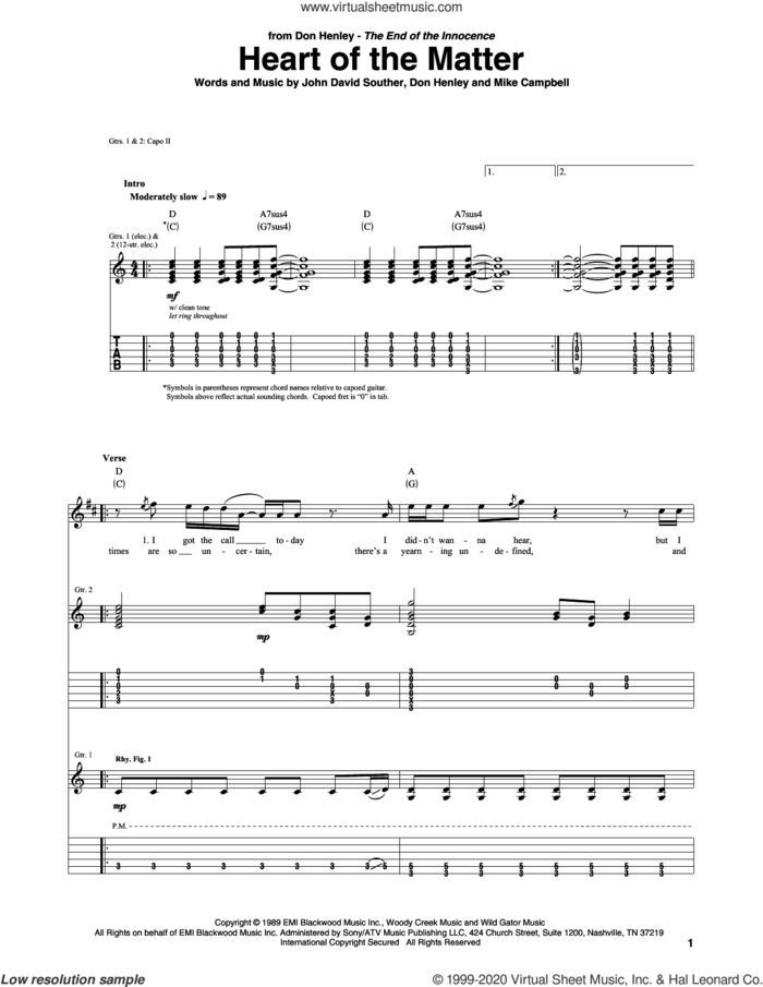 The Heart Of The Matter sheet music for guitar (tablature) by Don Henley, John David Souther and Mike Campbell, intermediate skill level