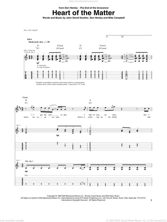 The Heart Of The Matter sheet music for guitar (tablature) by Don Henley, John David Souther and Mike Campbell, intermediate skill level