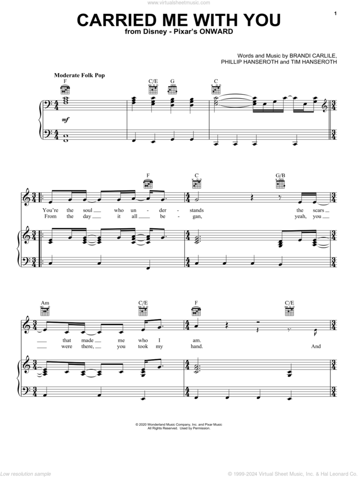 Carried Me With You (from Onward) sheet music for voice, piano or guitar by Brandi Carlile, Phillip Hanseroth and Timothy Jay Hanseroth, intermediate skill level
