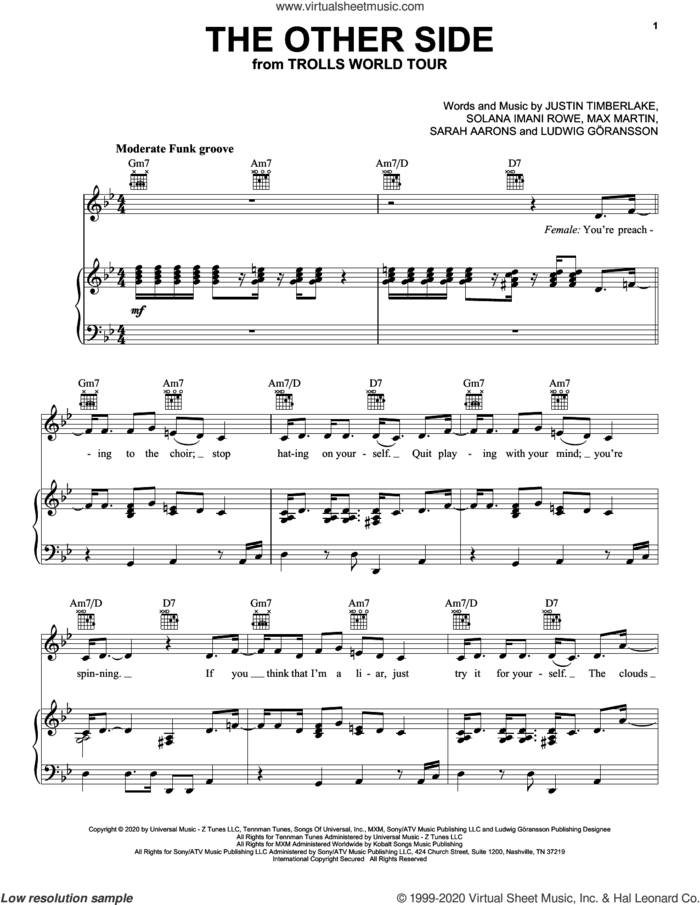 The Other Side (from Trolls World Tour) sheet music for voice, piano or guitar by SZA & Justin Timberlake, Justin Timberlake, Ludwig Goransson, Ludwig Goransson, Max Martin, Sarah Aarons and Solana Imani Rowe, intermediate skill level