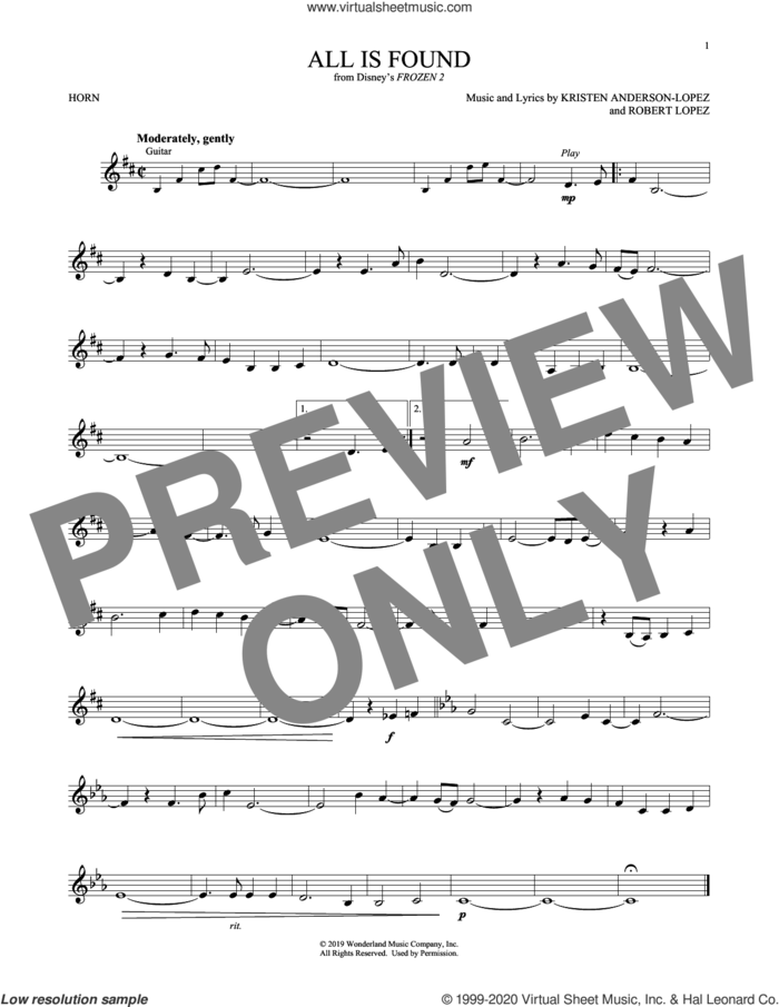 All Is Found (from Disney's Frozen 2) sheet music for horn solo by Evan Rachel Wood, Kristen Anderson-Lopez and Robert Lopez, intermediate skill level