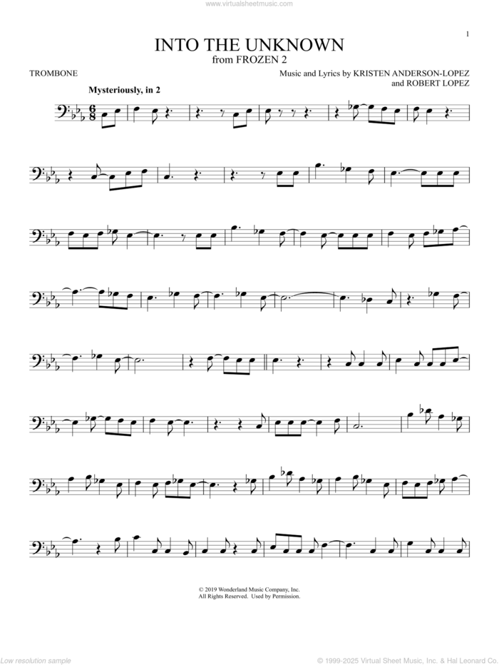 Into The Unknown (from Disney's Frozen 2) sheet music for trombone solo by Idina Menzel and AURORA, Kristen Anderson-Lopez and Robert Lopez, intermediate skill level