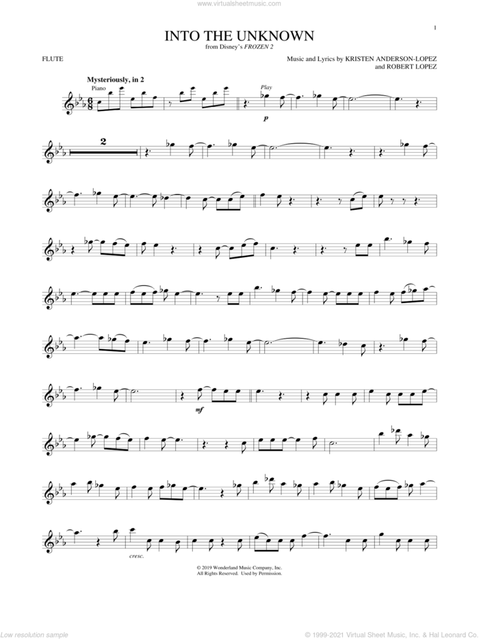 Into The Unknown (from Disney's Frozen 2) sheet music for flute solo by Idina Menzel and AURORA, Kristen Anderson-Lopez and Robert Lopez, intermediate skill level