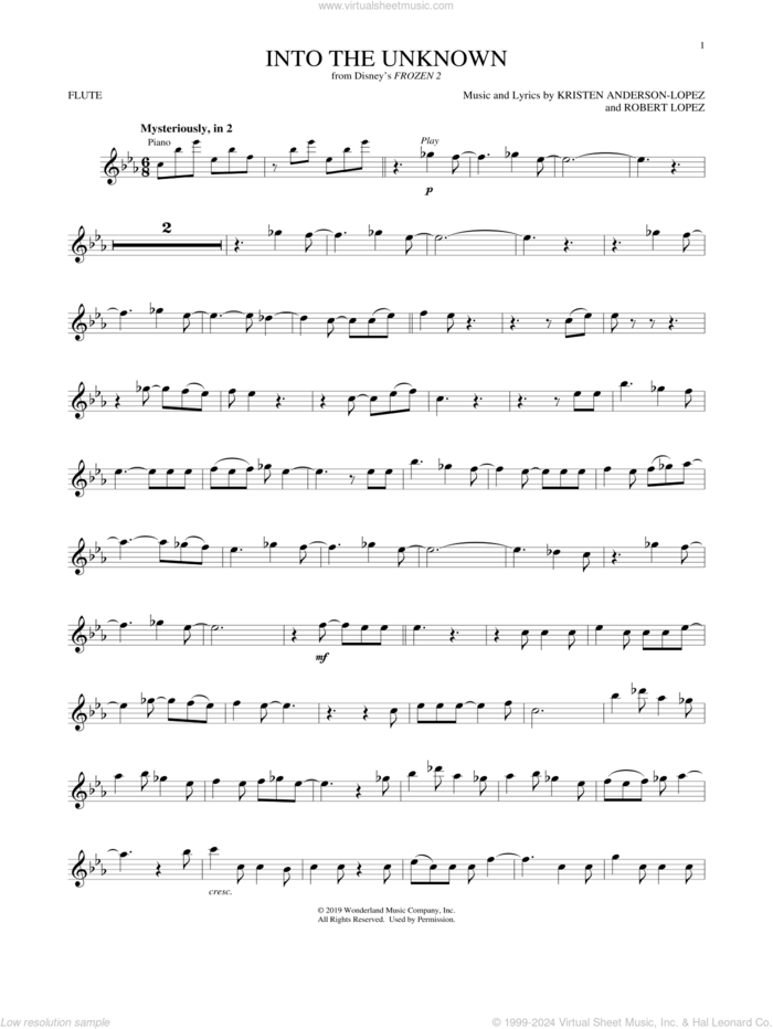 Into The Unknown (from Disney's Frozen 2) sheet music for flute solo by Idina Menzel and AURORA, Kristen Anderson-Lopez and Robert Lopez, intermediate skill level