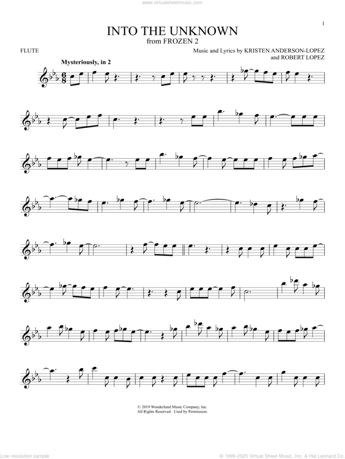 Into The Unknown (from Disney's Frozen 2) sheet music for flute solo by Idina Menzel and AURORA, Kristen Anderson-Lopez and Robert Lopez, intermediate skill level