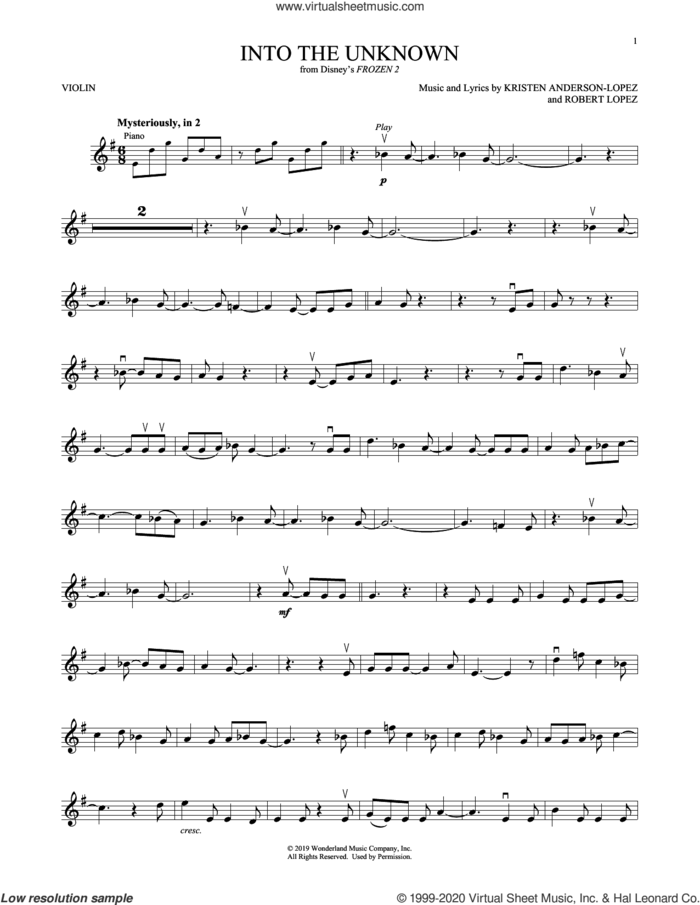 Into The Unknown (from Disney's Frozen 2) sheet music for violin solo by Idina Menzel and AURORA, Kristen Anderson-Lopez and Robert Lopez, intermediate skill level