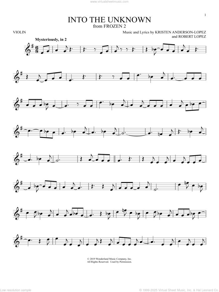 Into The Unknown (from Disney's Frozen 2) sheet music for violin solo by Idina Menzel and AURORA, Kristen Anderson-Lopez and Robert Lopez, intermediate skill level