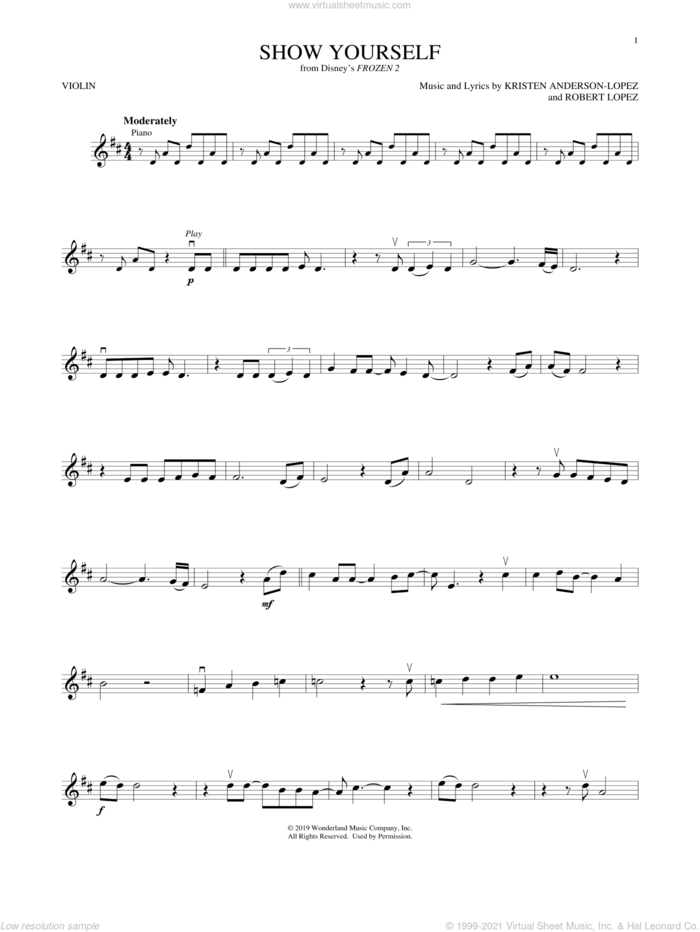 Show Yourself (from Disney's Frozen 2) sheet music for violin solo by Idina Menzel and Evan Rachel Wood, Kristen Anderson-Lopez and Robert Lopez, intermediate skill level