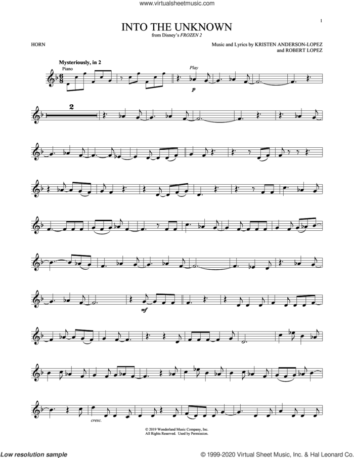 Into The Unknown (from Disney's Frozen 2) sheet music for horn solo by Idina Menzel and AURORA, Kristen Anderson-Lopez and Robert Lopez, intermediate skill level