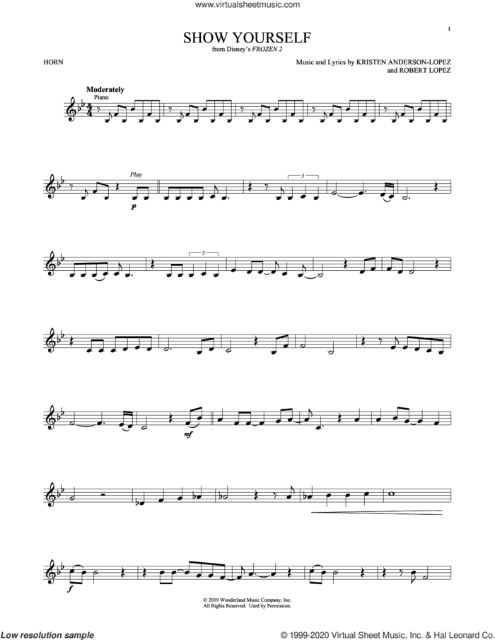 Show Yourself (from Disney's Frozen 2) sheet music for horn solo by Idina Menzel and Evan Rachel Wood, Kristen Anderson-Lopez and Robert Lopez, intermediate skill level