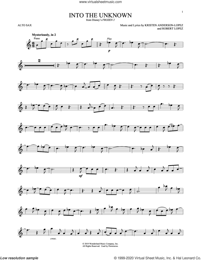Into The Unknown (from Disney's Frozen 2) sheet music for alto saxophone solo by Idina Menzel and AURORA, Kristen Anderson-Lopez and Robert Lopez, intermediate skill level