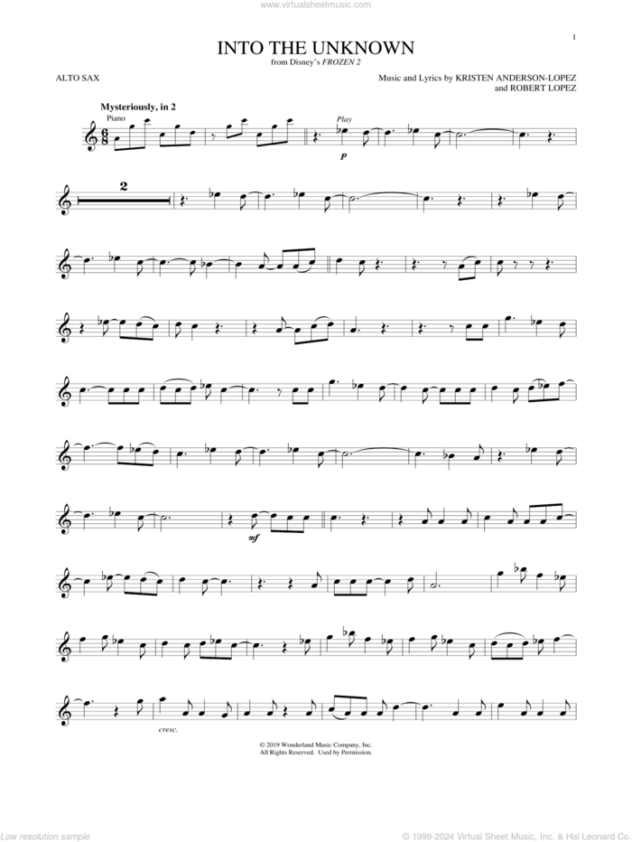 Into The Unknown (from Disney's Frozen 2) sheet music for alto saxophone solo by Idina Menzel and AURORA, Kristen Anderson-Lopez and Robert Lopez, intermediate skill level