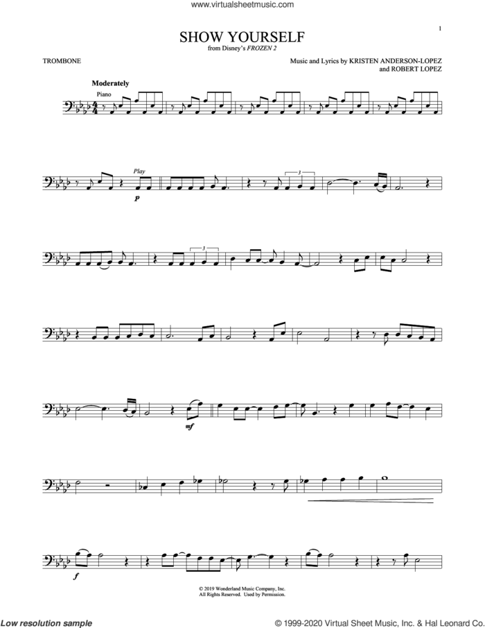 Show Yourself (from Disney's Frozen 2) sheet music for trombone solo by Idina Menzel and Evan Rachel Wood, Kristen Anderson-Lopez and Robert Lopez, intermediate skill level