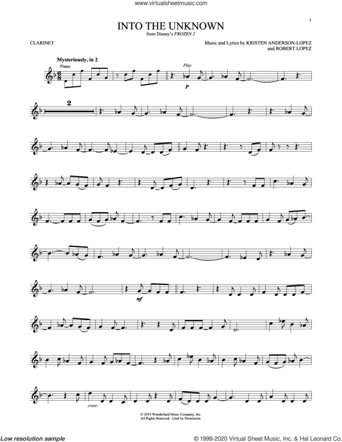 Into The Unknown (from Disney's Frozen 2) sheet music for clarinet solo by Idina Menzel and AURORA, Kristen Anderson-Lopez and Robert Lopez, intermediate skill level