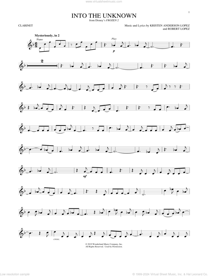 Into The Unknown (from Disney's Frozen 2) sheet music for clarinet solo by Idina Menzel and AURORA, Kristen Anderson-Lopez and Robert Lopez, intermediate skill level