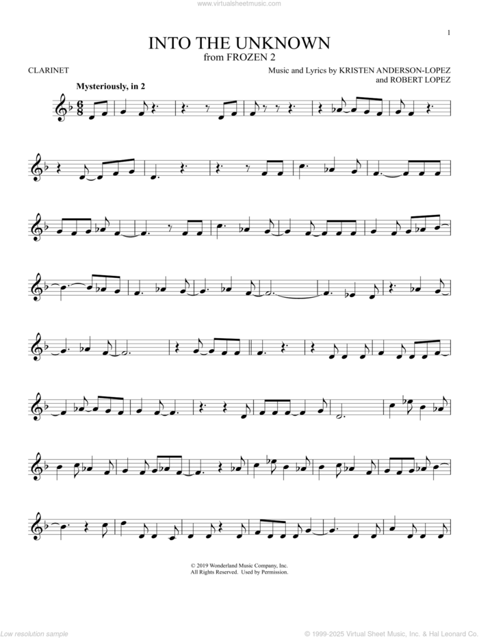 Into The Unknown (from Disney's Frozen 2) sheet music for clarinet solo by Idina Menzel and AURORA, Kristen Anderson-Lopez and Robert Lopez, intermediate skill level