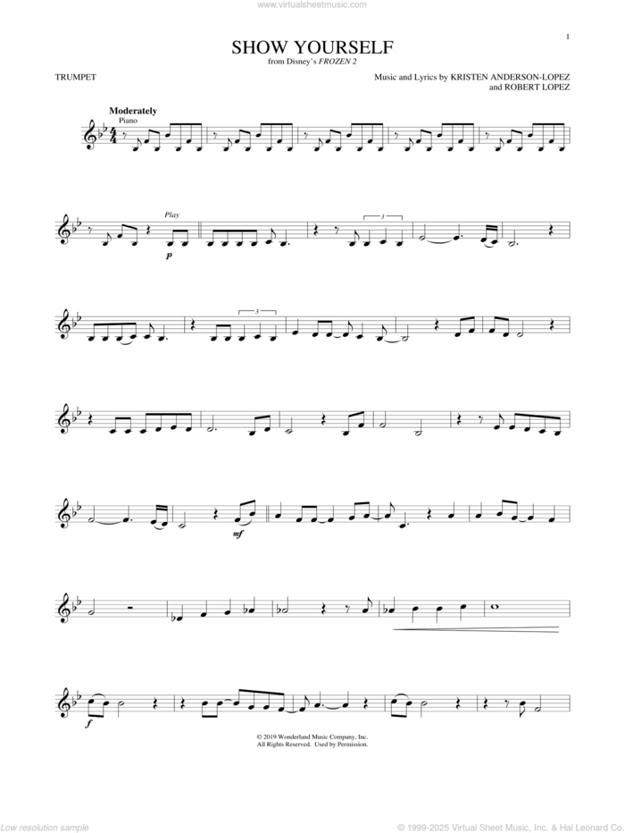 Show Yourself (from Disney's Frozen 2) sheet music for trumpet solo by Idina Menzel and Evan Rachel Wood, Kristen Anderson-Lopez and Robert Lopez, intermediate skill level