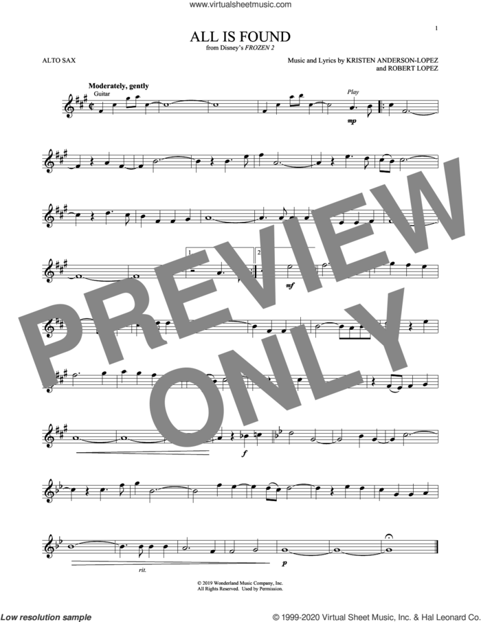 All Is Found (from Disney's Frozen 2) sheet music for alto saxophone solo by Evan Rachel Wood, Kristen Anderson-Lopez and Robert Lopez, intermediate skill level