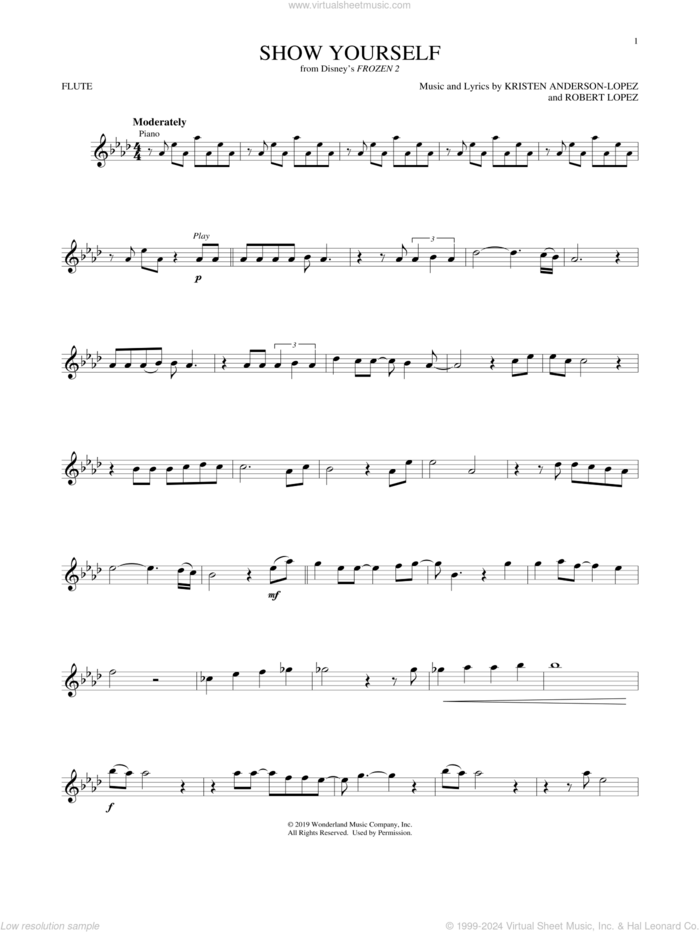 Show Yourself (from Disney's Frozen 2) sheet music for flute solo by Idina Menzel and Evan Rachel Wood, Kristen Anderson-Lopez and Robert Lopez, intermediate skill level