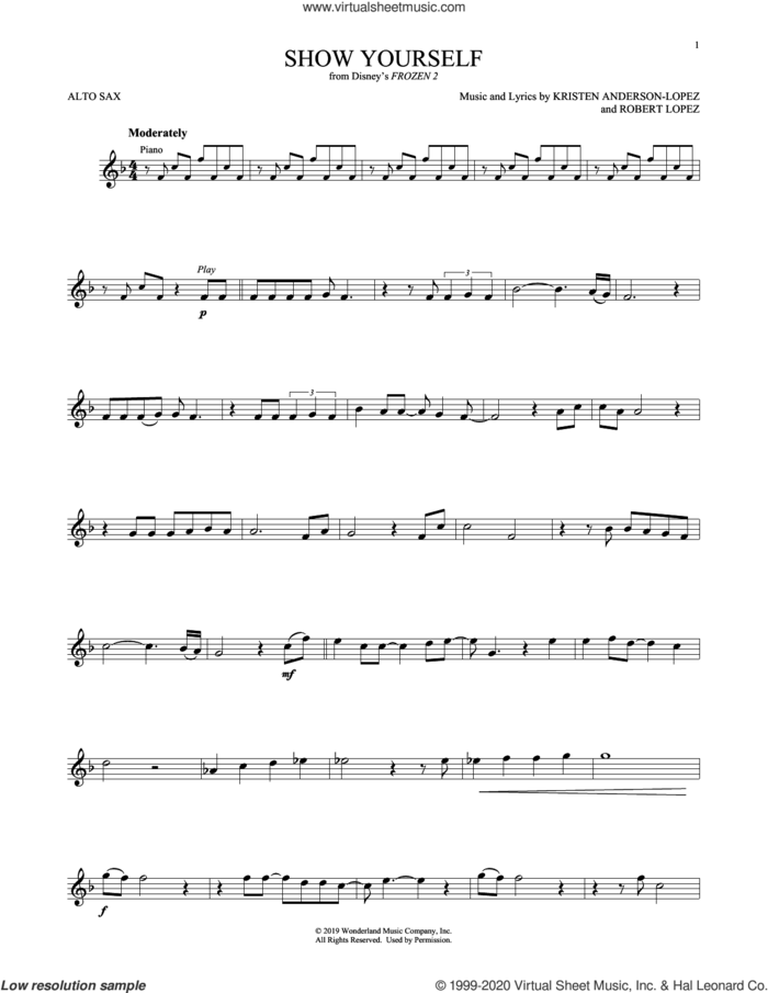 Show Yourself (from Disney's Frozen 2) sheet music for alto saxophone solo by Idina Menzel and Evan Rachel Wood, Kristen Anderson-Lopez and Robert Lopez, intermediate skill level