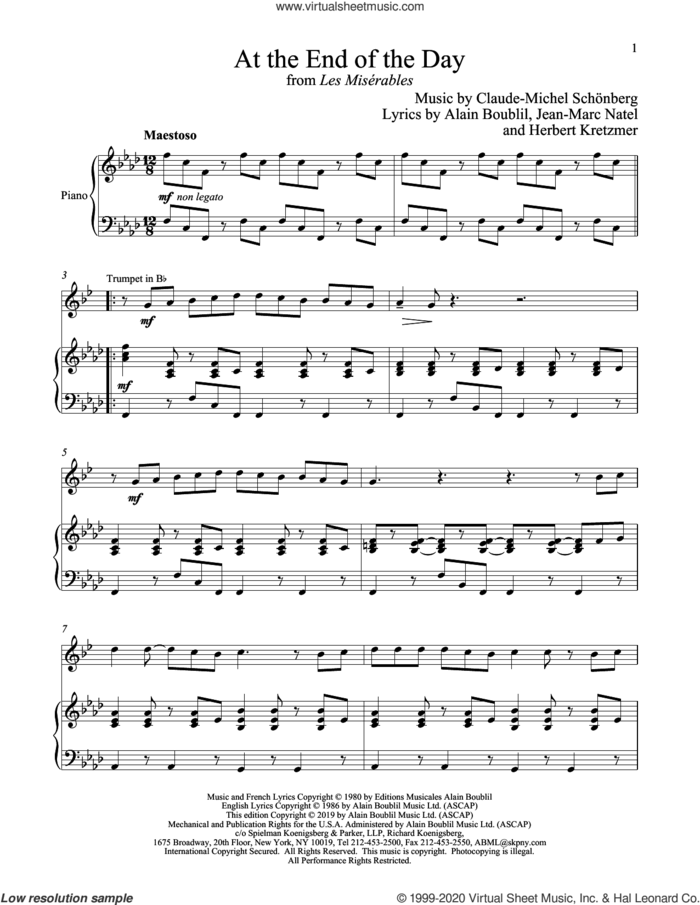 At The End Of The Day (from Les Miserables) sheet music for trumpet and piano by Alain Boublil, Boublil and Schonberg, Claude-Michel Schonberg, Herbert Kretzmer and Jean-Marc Natel, intermediate skill level