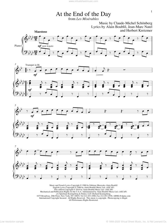 At The End Of The Day (from Les Miserables) sheet music for trumpet and piano by Alain Boublil, Boublil and Schonberg, Claude-Michel Schonberg, Herbert Kretzmer and Jean-Marc Natel, intermediate skill level