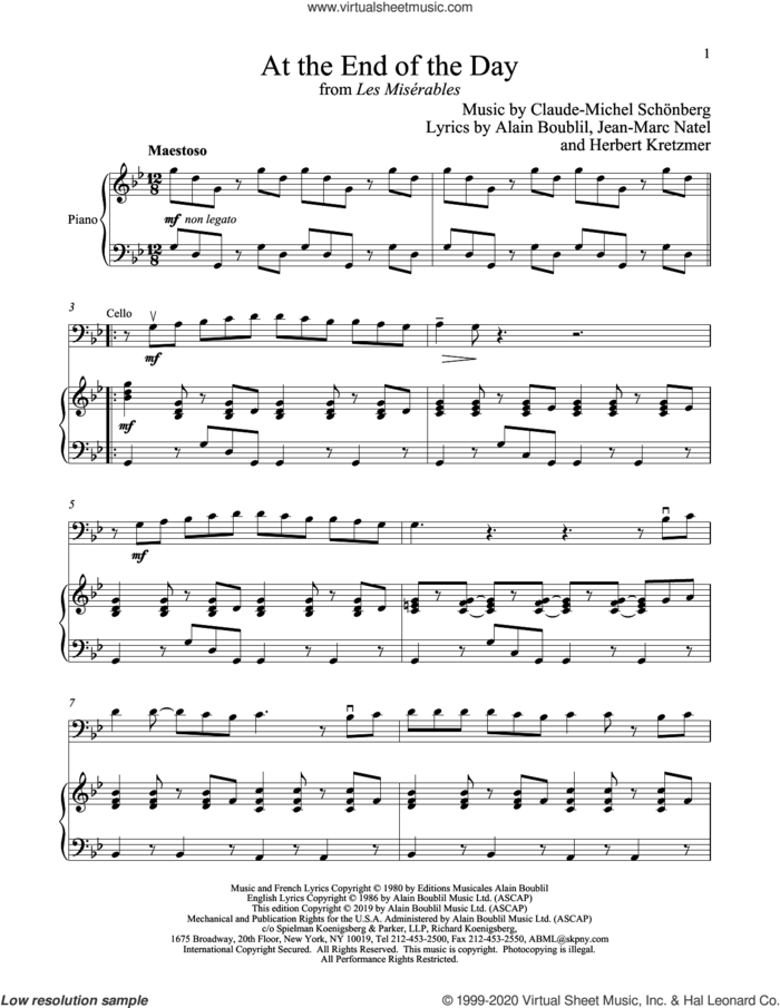 At The End Of The Day (from Les Miserables) sheet music for cello and piano by Alain Boublil, Boublil and Schonberg, Claude-Michel Schonberg, Claude-Michel Schonberg, Herbert Kretzmer and Jean-Marc Natel, intermediate skill level