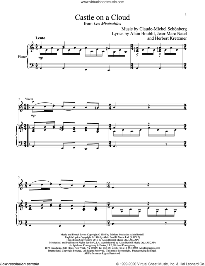 Castle On A Cloud (from Les Miserables) sheet music for violin and piano by Alain Boublil, Boublil and Schonberg, Claude-Michel Schonberg, Claude-Michel Schonberg, Herbert Kretzmer and Jean-Marc Natel, intermediate skill level