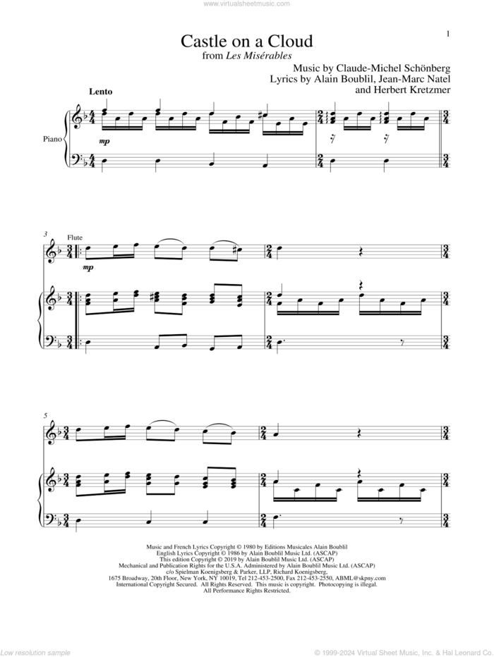 Castle On A Cloud (from Les Miserables) sheet music for flute and piano by Alain Boublil, Boublil and Schonberg, Claude-Michel Schonberg, Claude-Michel Schonberg, Herbert Kretzmer and Jean-Marc Natel, intermediate skill level