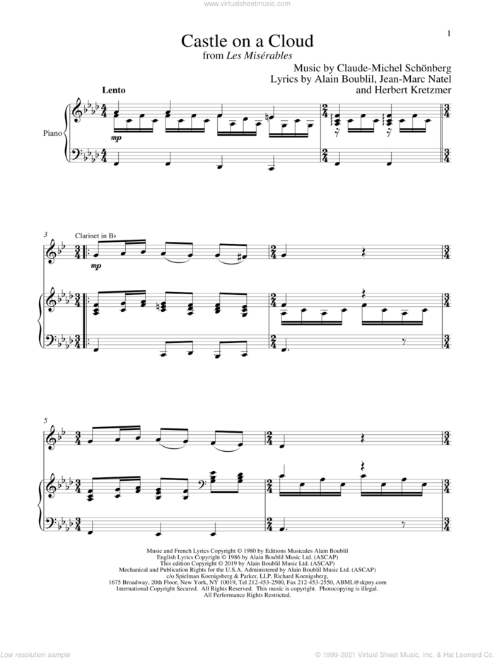 Castle On A Cloud (from Les Miserables) sheet music for clarinet and piano by Alain Boublil, Boublil and Schonberg, Claude-Michel Schonberg, Claude-Michel Schonberg, Herbert Kretzmer and Jean-Marc Natel, intermediate skill level