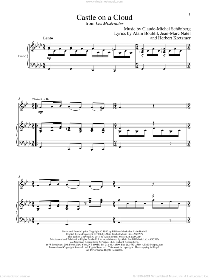 Castle On A Cloud (from Les Miserables) sheet music for clarinet and piano by Alain Boublil, Boublil and Schonberg, Claude-Michel Schonberg, Claude-Michel Schonberg, Herbert Kretzmer and Jean-Marc Natel, intermediate skill level