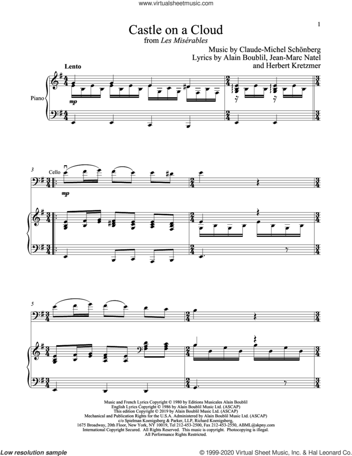 Castle On A Cloud (from Les Miserables) sheet music for cello and piano by Alain Boublil, Boublil and Schonberg, Claude-Michel Schonberg, Claude-Michel Schonberg, Herbert Kretzmer and Jean-Marc Natel, intermediate skill level