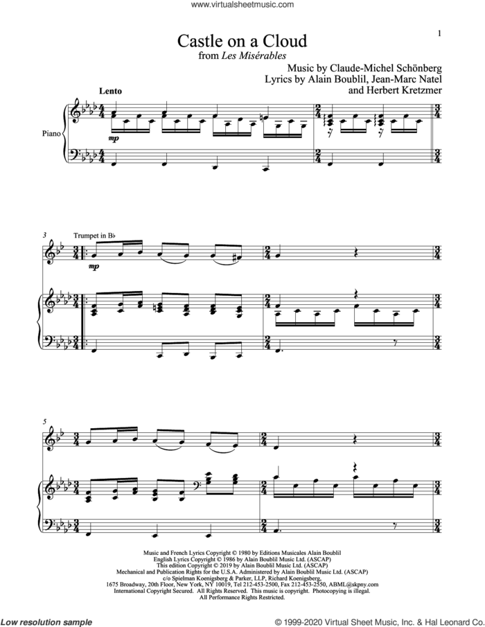 Castle On A Cloud (from Les Miserables) sheet music for trumpet and piano by Alain Boublil, Boublil and Schonberg, Claude-Michel Schonberg, Claude-Michel Schonberg, Herbert Kretzmer and Jean-Marc Natel, intermediate skill level