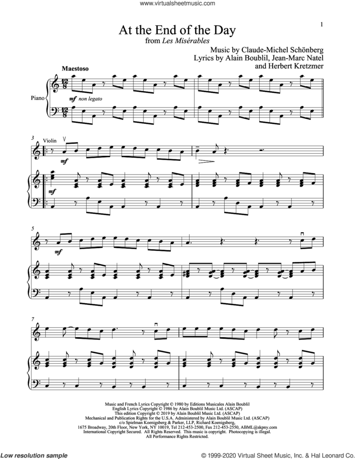 At The End Of The Day (from Les Miserables) sheet music for violin and piano by Alain Boublil, Boublil and Schonberg, Claude-Michel Schonberg, Claude-Michel Schonberg, Herbert Kretzmer and Jean-Marc Natel, intermediate skill level