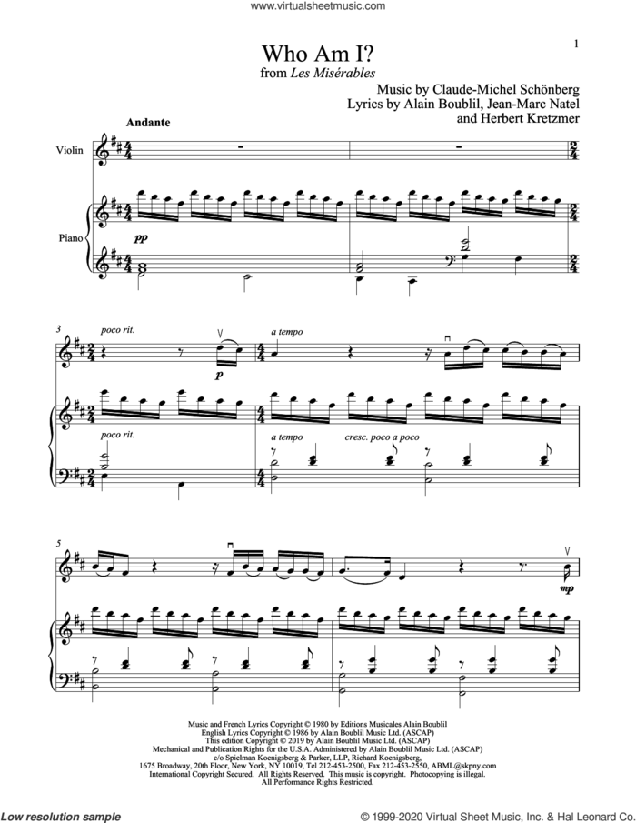 Who Am I? (from Les Miserables) sheet music for violin and piano by Alain Boublil, Boublil and Schonberg, Claude-Michel Schonberg, Claude-Michel Schonberg, Herbert Kretzmer and Jean-Marc Natel, intermediate skill level