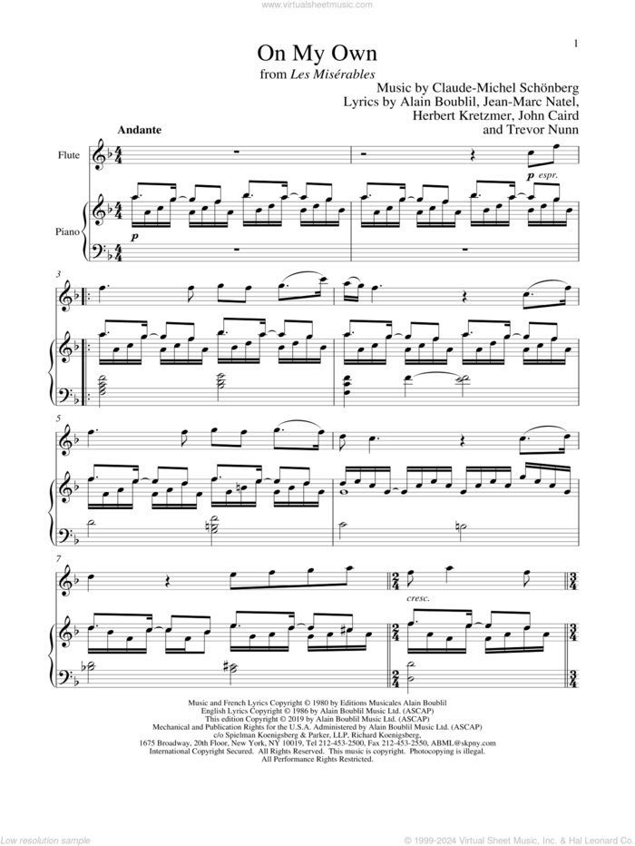 On My Own (from Les Miserables) sheet music for flute and piano by Alain Boublil, Boublil and Schonberg, Claude-Michel Schonberg, Herbert Kretzmer, Jean-Marc Natel, John Caird and Trevor Nunn, intermediate skill level