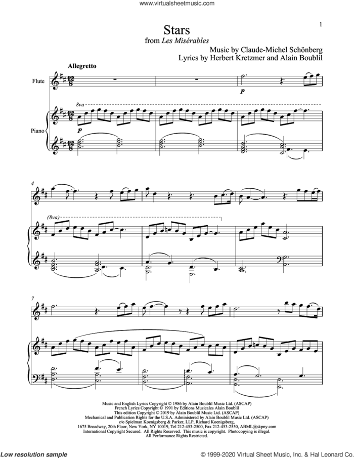 Stars (from Les Miserables) sheet music for flute and piano by Alain Boublil, Boublil and Schonberg, Claude-Michel Schonberg, Claude-Michel Schonberg and Herbert Kretzmer, intermediate skill level