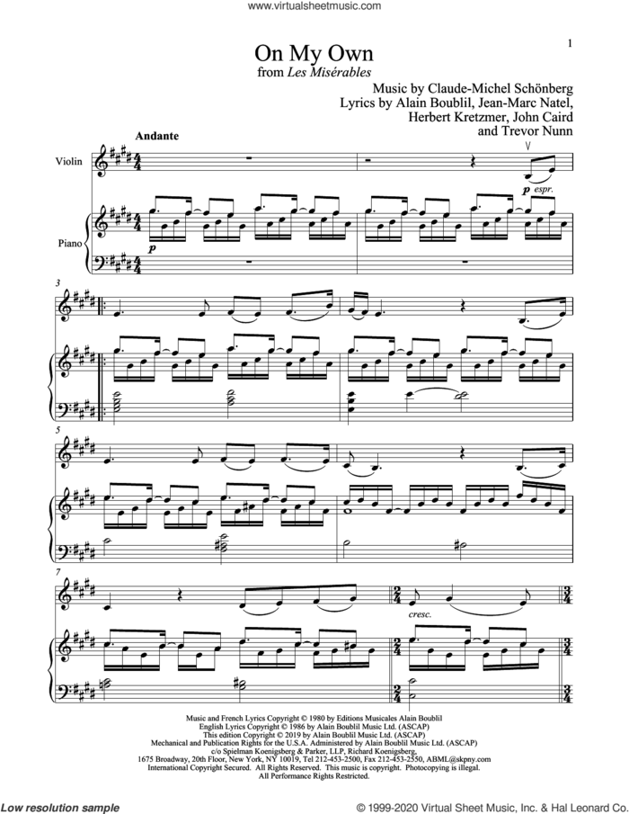 On My Own (from Les Miserables) sheet music for violin and piano by Alain Boublil, Boublil and Schonberg, Claude-Michel Schonberg, Claude-Michel Schonberg, Herbert Kretzmer, Jean-Marc Natel, John Caird and Trevor Nunn, intermediate skill level
