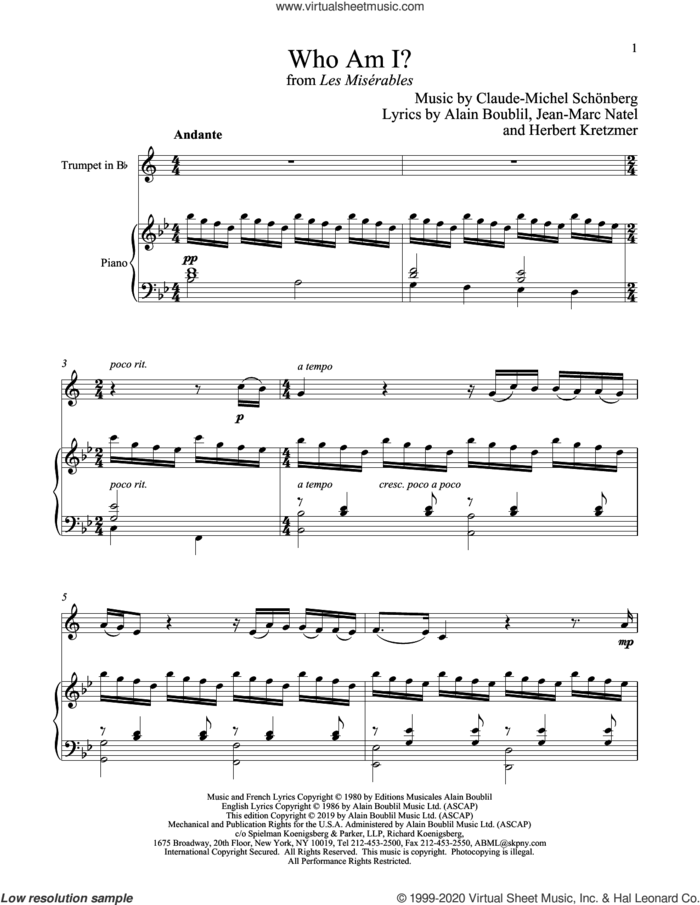 Who Am I? (from Les Miserables) sheet music for trumpet and piano by Alain Boublil, Boublil and Schonberg, Claude-Michel Schonberg, Claude-Michel Schonberg, Herbert Kretzmer and Jean-Marc Natel, intermediate skill level