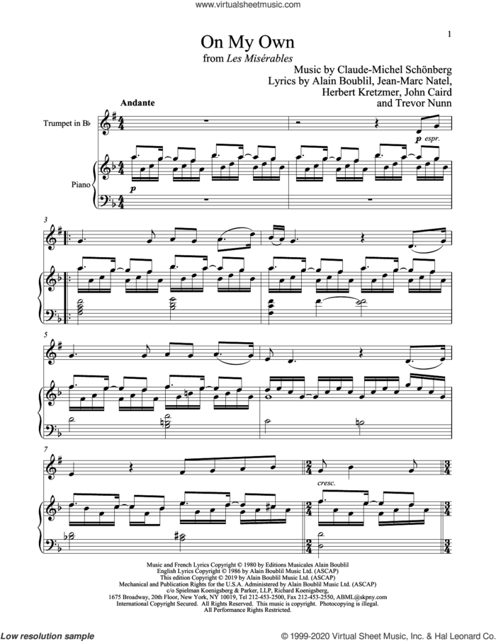 On My Own (from Les Miserables) sheet music for trumpet and piano by Alain Boublil, Boublil and Schonberg, Claude-Michel Schonberg, Claude-Michel Schonberg, Herbert Kretzmer, Jean-Marc Natel, John Caird and Trevor Nunn, intermediate skill level