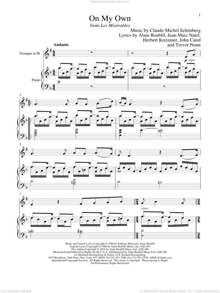 On My Own (from Les Miserables) sheet music for trumpet and piano by Alain Boublil, Boublil and Schonberg, Claude-Michel Schonberg, Claude-Michel Schonberg, Herbert Kretzmer, Jean-Marc Natel, John Caird and Trevor Nunn, intermediate skill level