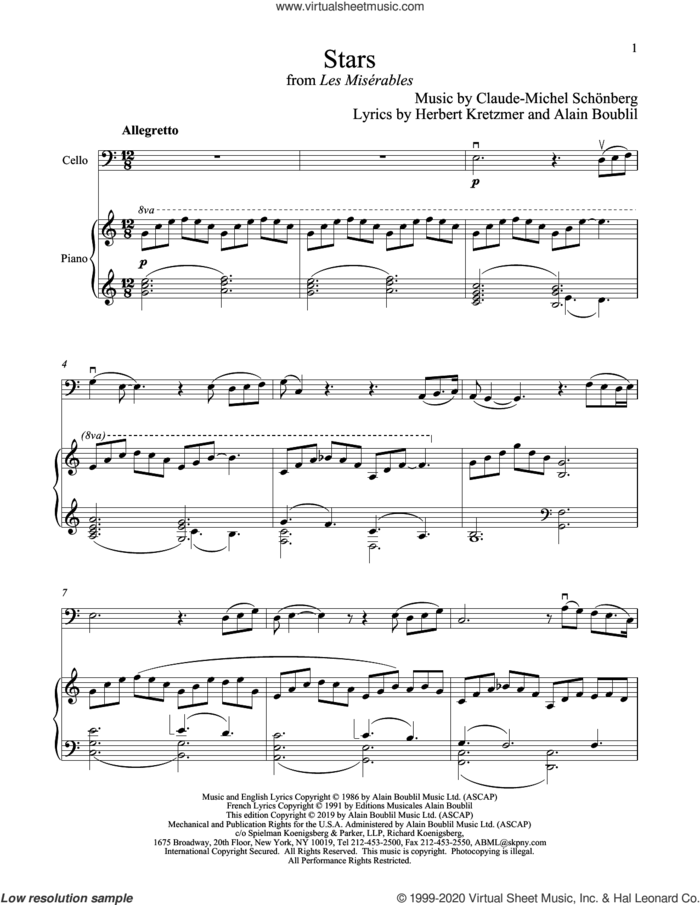 Stars (from Les Miserables) sheet music for cello and piano by Alain Boublil, Boublil and Schonberg, Claude-Michel Schonberg, Claude-Michel Schonberg and Herbert Kretzmer, intermediate skill level