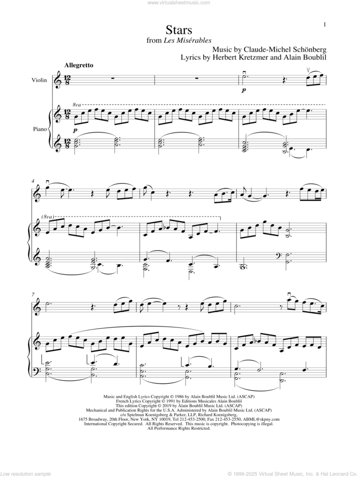 Stars (from Les Miserables) sheet music for violin and piano by Alain Boublil, Boublil and Schonberg, Claude-Michel Schonberg, Claude-Michel Schonberg and Herbert Kretzmer, intermediate skill level