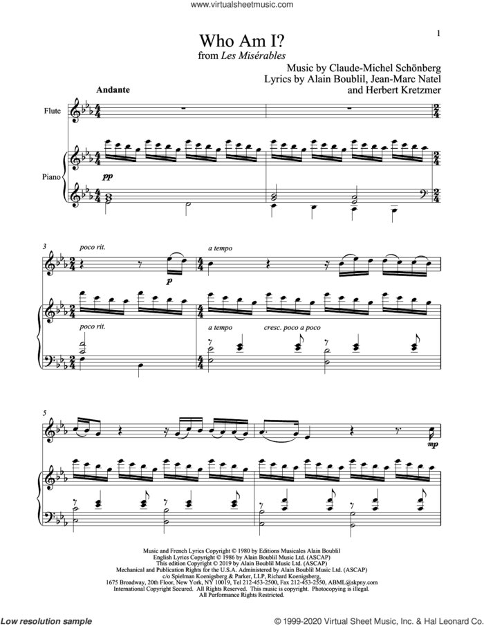 Who Am I? (from Les Miserables) sheet music for flute and piano by Alain Boublil, Boublil and Schonberg, Claude-Michel Schonberg, Claude-Michel Schonberg, Herbert Kretzmer and Jean-Marc Natel, intermediate skill level