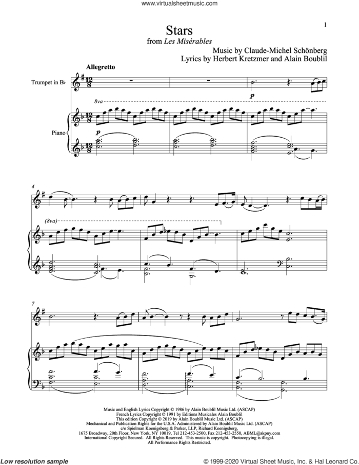 Stars (from Les Miserables) sheet music for trumpet and piano by Alain Boublil, Boublil and Schonberg, Claude-Michel Schonberg, Claude-Michel Schonberg and Herbert Kretzmer, intermediate skill level