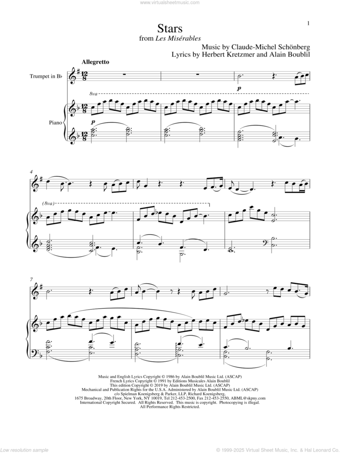 Stars (from Les Miserables) sheet music for trumpet and piano by Alain Boublil, Boublil and Schonberg, Claude-Michel Schonberg, Claude-Michel Schonberg and Herbert Kretzmer, intermediate skill level