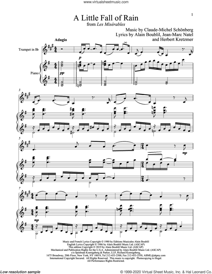 A Little Fall Of Rain (from Les Miserables) sheet music for trumpet and piano by Alain Boublil, Boublil and Schonberg, Claude-Michel Schonberg, Claude-Michel Schonberg, Herbert Kretzmer and Jean-Marc Natel, intermediate skill level