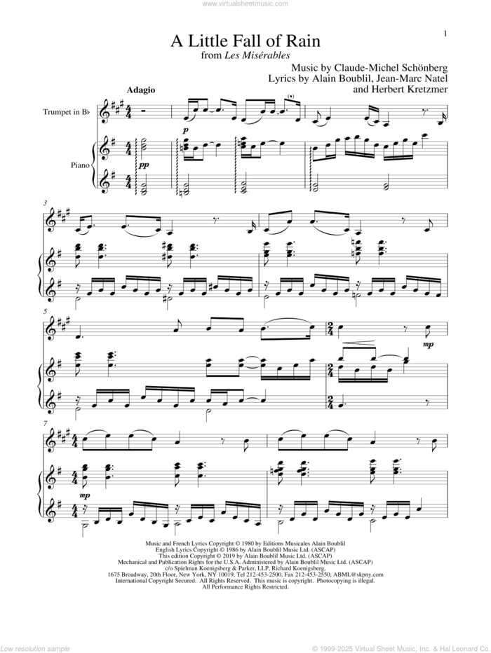 A Little Fall Of Rain (from Les Miserables) sheet music for trumpet and piano by Alain Boublil, Boublil and Schonberg, Claude-Michel Schonberg, Claude-Michel Schonberg, Herbert Kretzmer and Jean-Marc Natel, intermediate skill level