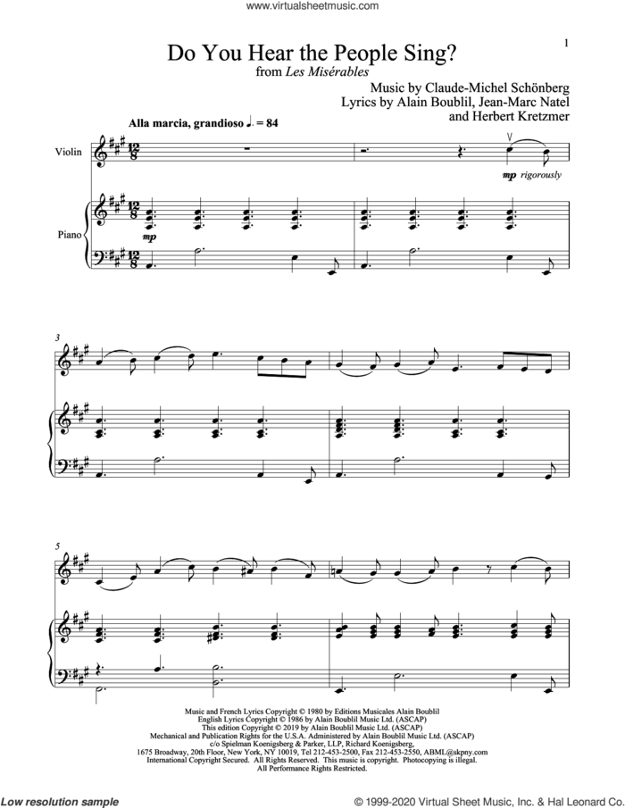 Do You Hear The People Sing? (from Les Miserables) sheet music for violin and piano by Alain Boublil, Boublil and Schonberg, Claude-Michel Schonberg, Claude-Michel Schonberg, Herbert Kretzmer and Jean-Marc Natel, intermediate skill level