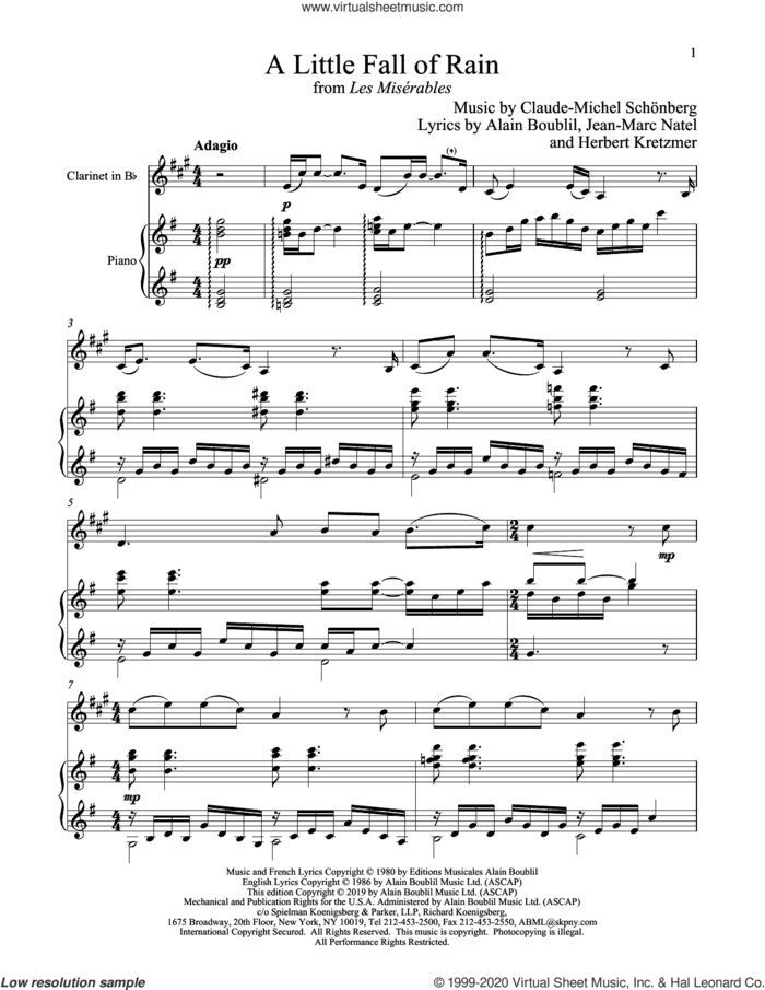 A Little Fall Of Rain (from Les Miserables) sheet music for clarinet and piano by Alain Boublil, Boublil and Schonberg, Claude-Michel Schonberg, Claude-Michel Schonberg, Herbert Kretzmer and Jean-Marc Natel, intermediate skill level